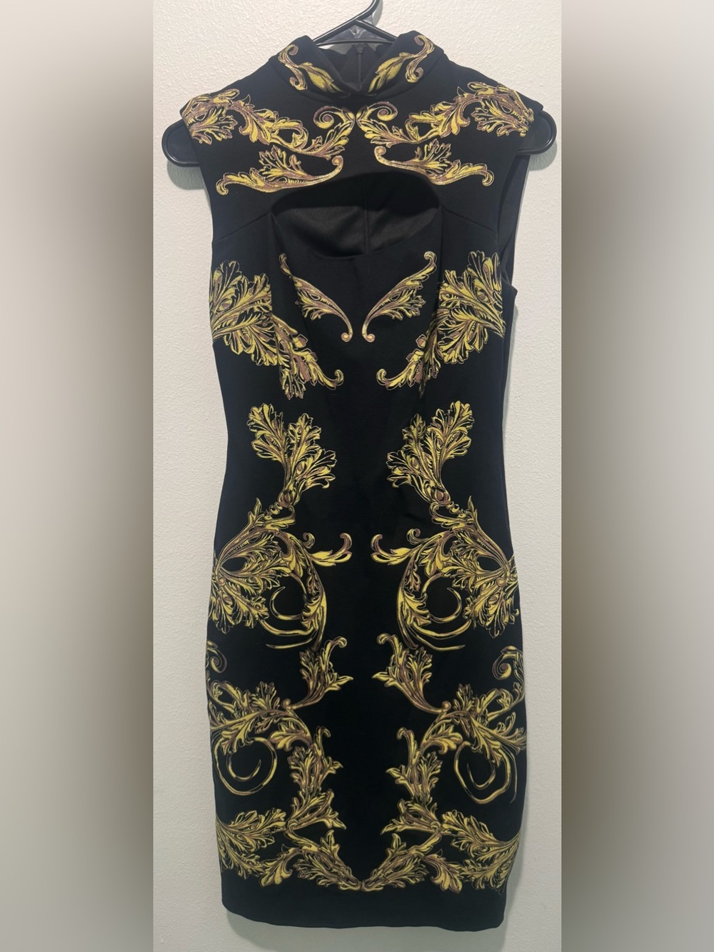 Cache Black Body Con Dress with Gold Baroque Embellishment
